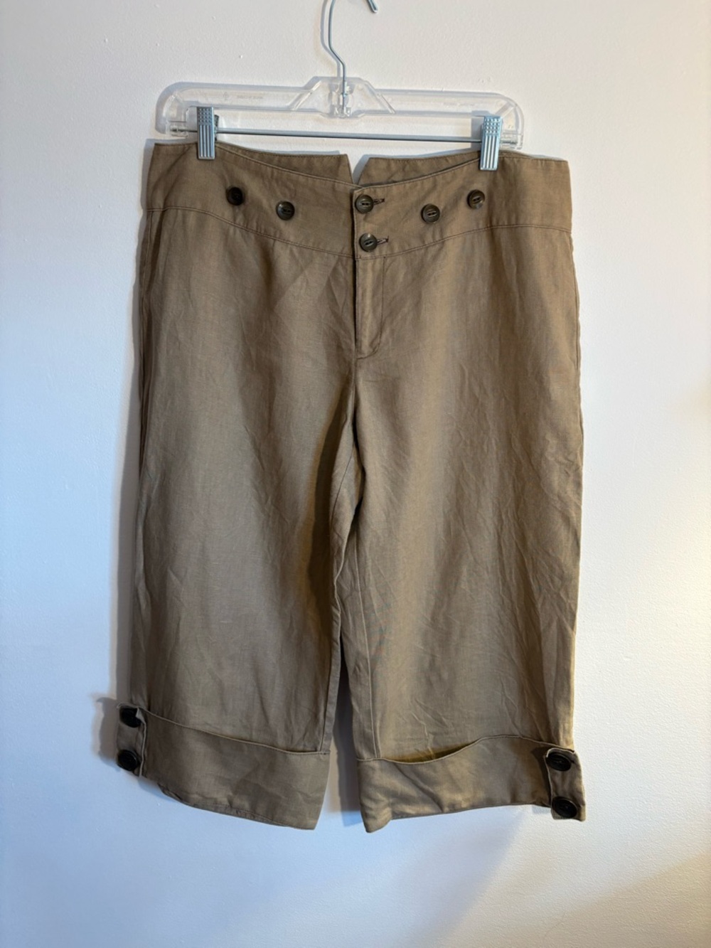 Cache High Rise Linen Capri Pants Size 10 Tan Button Detail Cuffed Hem